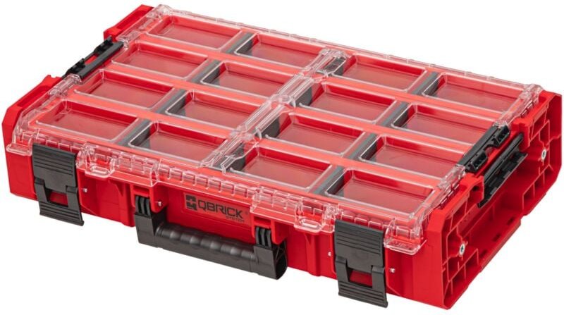 Qbrick System ONE Organiser XL 2.0 Long Bin RED ULTRA HD Custom stapelbar 582 x 387 x 131 mm 13,5 l IP66 mit 4 Inlays un...