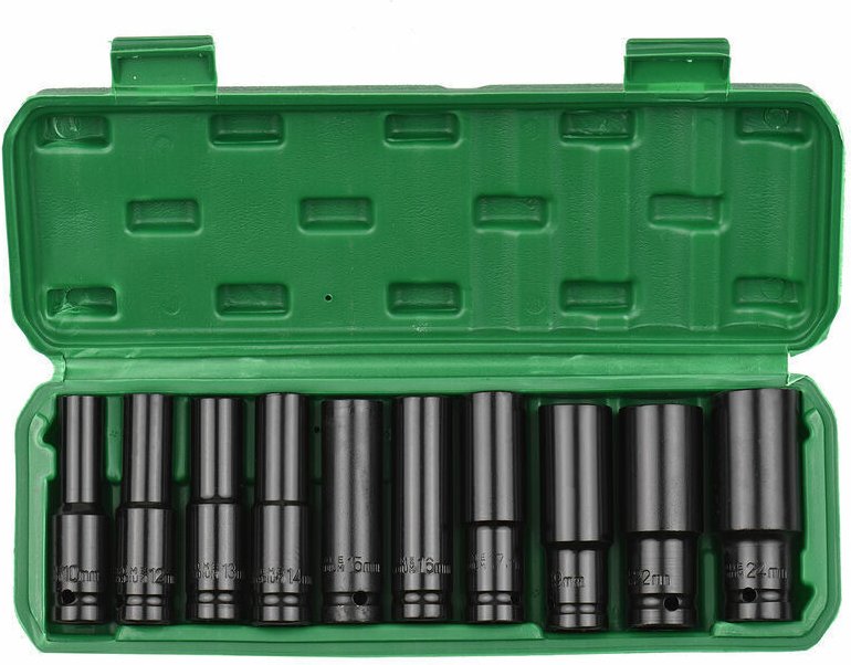 10-teiliger 1/2-Zoll-Sechskant-Schlagschrauber-Steckschlüsselsatz, metrische Tiefbett-Steckschlüsselgrößen von 10 bis 24...