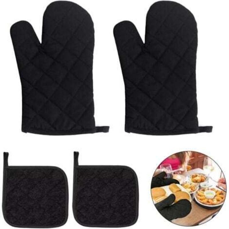 4-teiliges Set hitzebeständiger Ofenhandschuhe für den Hausgebrauch, rutschfest, zum Kochen und Backen (Schwarz)