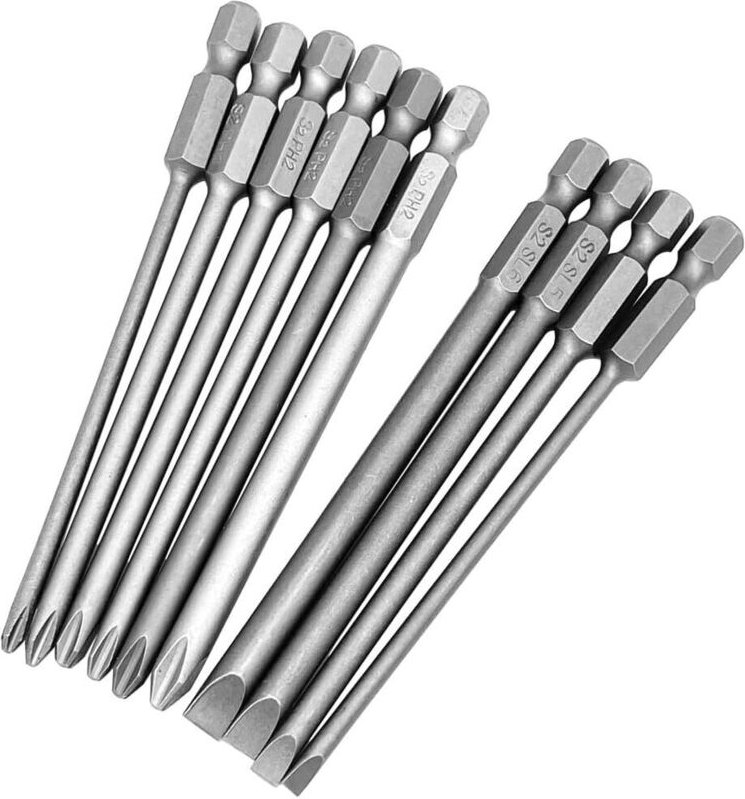 10 Stück 100mm Extra Lang Magnetisch Kreuzschlitz und Schlitz kopf Schrauberbit Set 1/4 Zoll Sechskant Schraubendreher B...