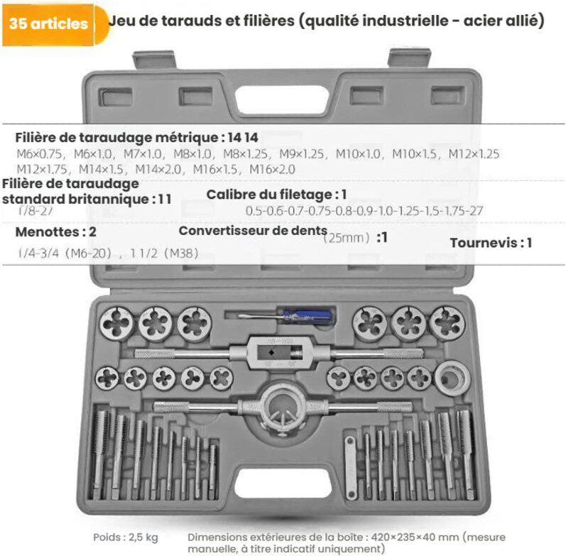 35-teiliger Gewindebohrer- und Schneideisensatz M3–M12, Fein- und Grobgewinde, GCr15-Legierungsstahl, Transportkoffer – ...