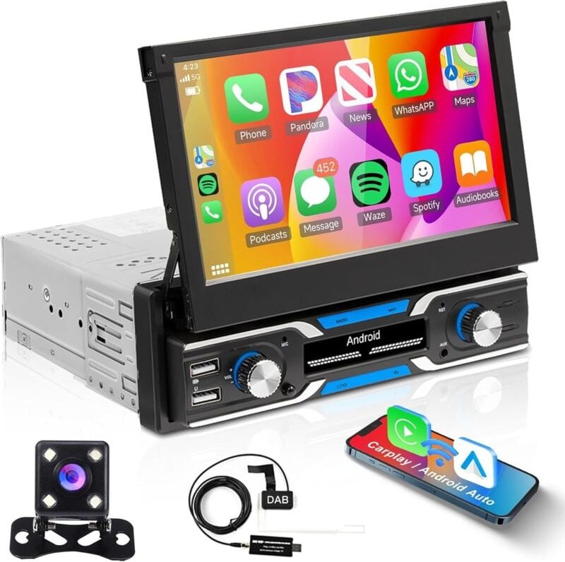 1G+32G Android Autoradio 1 Din mit GPS Navi WiFi DAB Adapter 7 Zoll Auto Einziehbares Touch-Autoradio mit Mirror Link Bl...