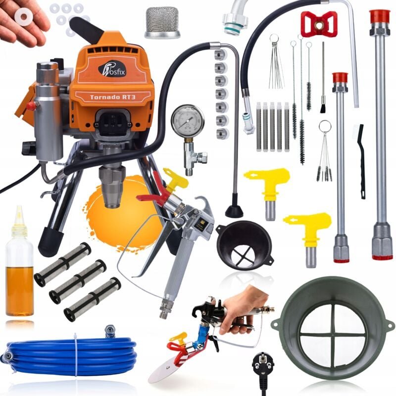 Rosfix Set Tornado RT3 UltraSpray – Airless Farbspritzgerät 2200 W, 220 bar, 2,5 l/min Mit Pistole, Düse 517, 10 m Schla...