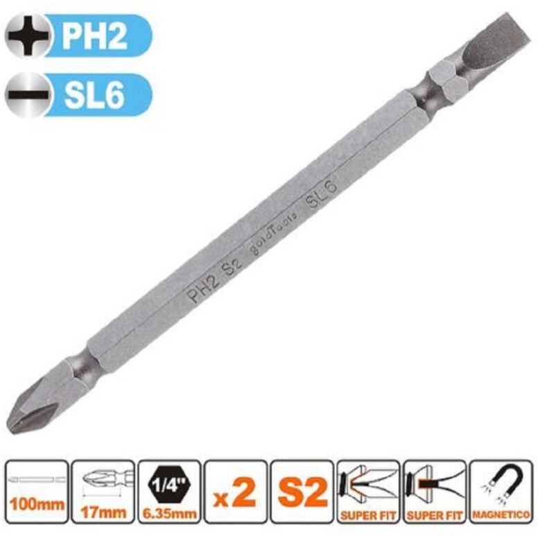 Trade Shop Traesio - Trade Shop - satz 2 stück 100MM doppelbits PH2 + SL6 bit S2 magnetbit 57244 -