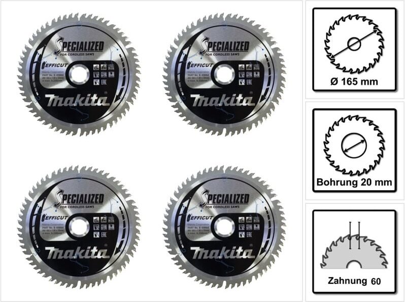 Makita CMSF16560E SPECIALIZED EFFICUT Sägeblatt 165 x 1,85 x 20 mm 4 Stk. ( 4x B-69864 ) 60 Zähne für Holz