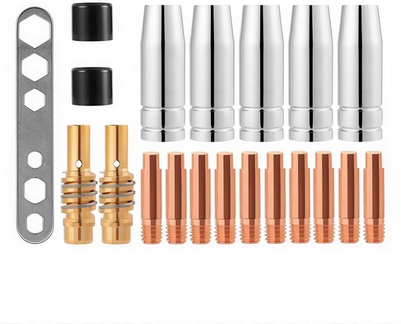 20-teiliges 15AK MIG/MAG Schweißdüsen-Kontaktspitzen-Set M6 0,8x25mm Gasanschlusshalter (10 x Kontakt, 5 x Düse, 2 x Ans...