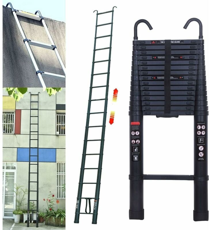 6,2m Teleskopleiter Klappleiter Alu Mehrzweckleiter mit 2 Haken, 15 Sprossen, rutschfest Verlängerungsleiter, Anlegeleit...