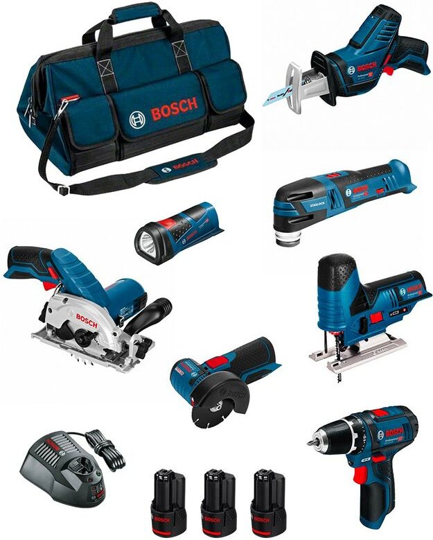 Kit BMKB7-28AD3 (gsr 12V-15+GKS 12V-26+GWS 12V-76+GST 12V-70+GOP 12V-28+GSA 12V-14+GLI 12V-80+ 3x2,0Ah+GAL1230CV+HDBAG) ...