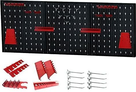 Lochblech Werkzeugwand, Dreiteilig Werkzeuglochwand aus Metall mit 17 teilge Hakenset 120 x 60 x 2 cm für Werkstatt Schw...