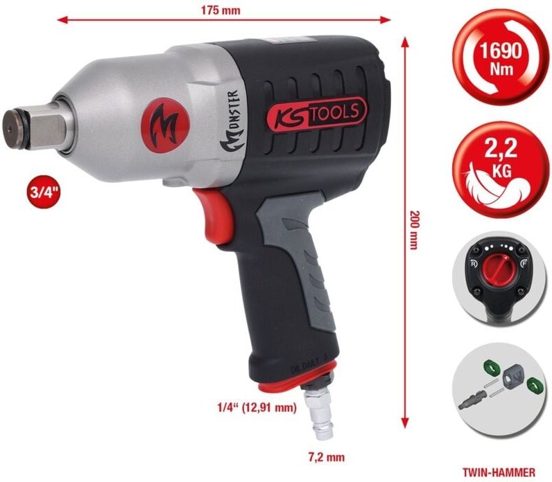 KS Tools 3/4 MONSTER Hochleistungs-Druckluft-Schlagschrauber, 1690 Nm