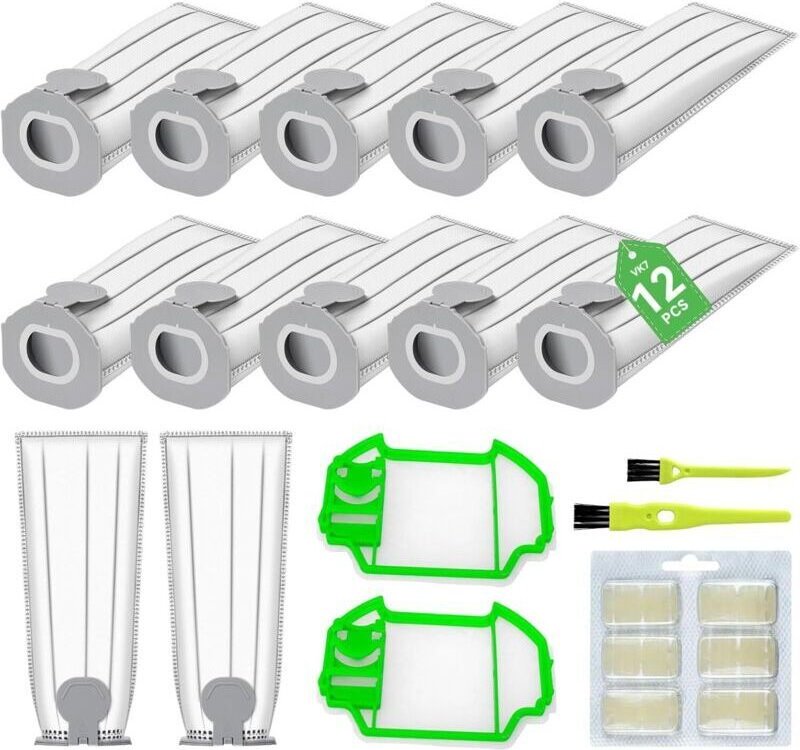 12 kompatible Staubsaugerbeutel für Vorwerks Kobold VK7S, VK7, FP7S, FP7 – 12 Staubsaugerbeutel + 2 Motorfilter + 2 Bürs...