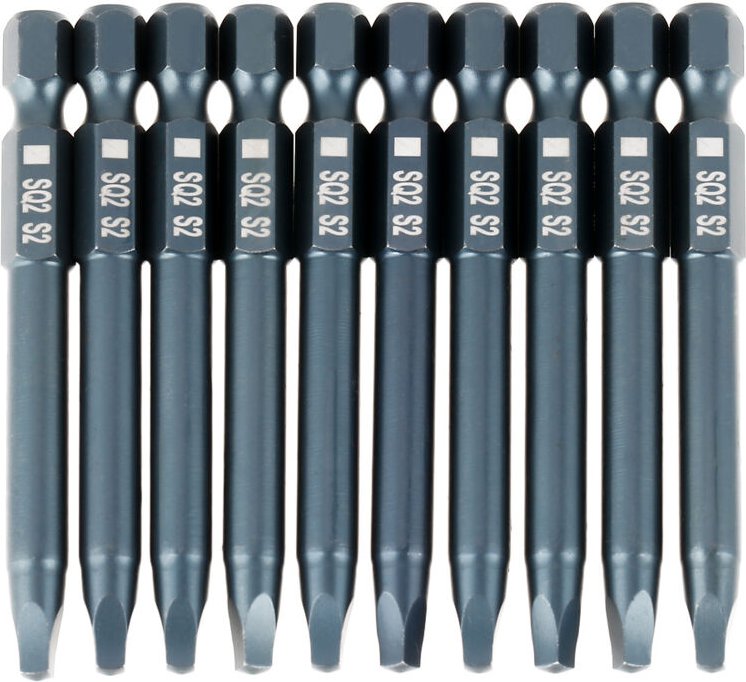 Set mit 10 Vierkant-Schraubendreherbits aus S2-Legierungsstahl, 6,3 mm (1/4 Zoll) Sechskantschaft, 65 mm Länge.