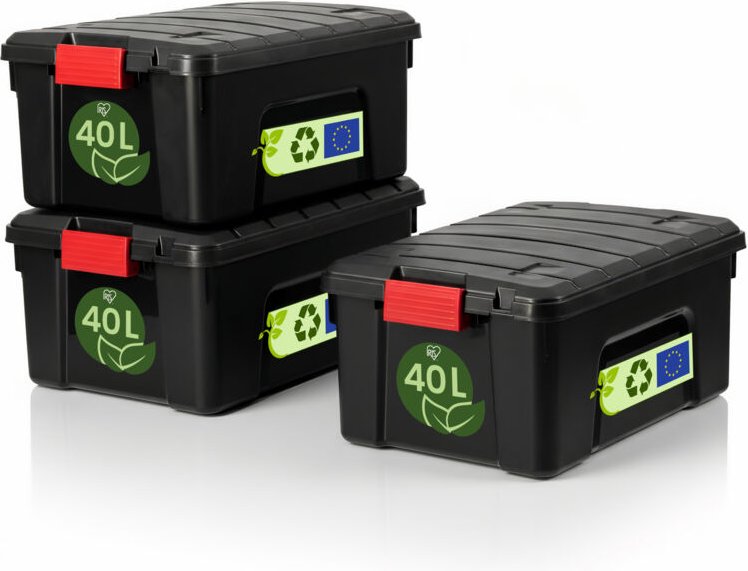 Iris Ohyama, strapazierfähige Kunststoff-Aufbewahrungsbox, 40L, 3er-Set, schwarz, SIA-40