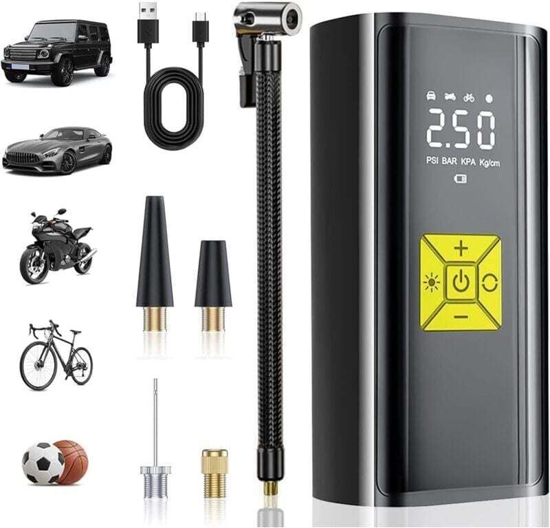 Tragbarer Mini-Luftkompressor, 4000 mAh, 150 PSI, Fahrradpumpe mit Digitalanzeige und LED-Leuchten, wiederaufladbar für ...
