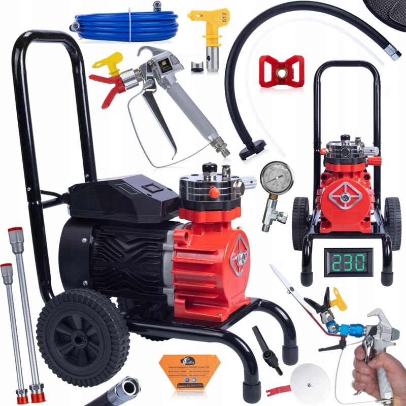 Rosfix Set Red Strong Storm 1100 RSS05 – Airless Farbspritzgerät 3500 W, 22 MPa, 18 l/min LCD-Display, 8 m Schlauch, Pis...