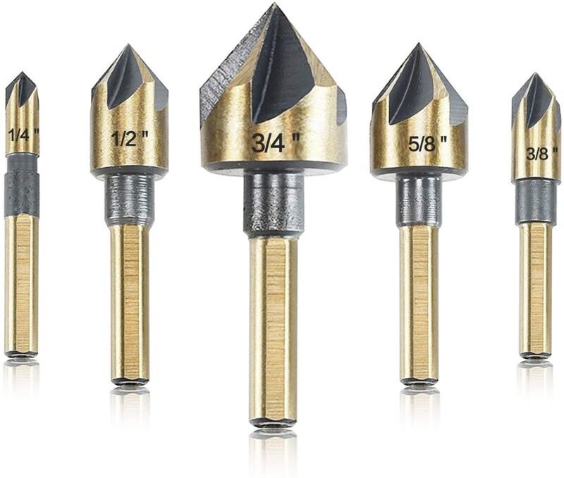 5-teiliges HSS-Senkbohrer-Set, 82°, 5 Schneiden, 1/4"-Schaft, titanbeschichtet, 6,3–20,5 mm Durchmesser, für Holz, PVC u...