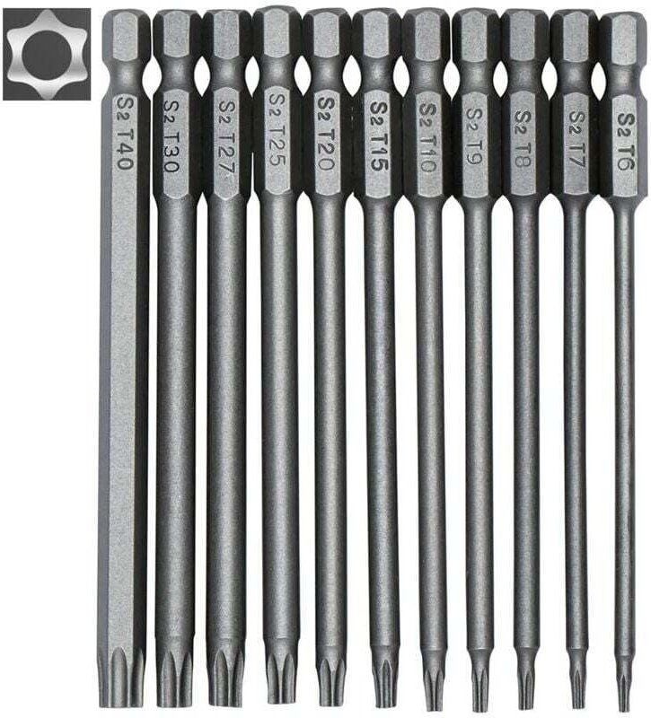Set mit 11 langen Torx-Bits für Schraubendreher und Bohrmaschinen – Magnetische Bits – 1/4"-Sechskantschaft – Größen T6 ...
