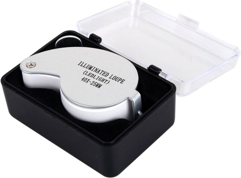 Silberne Leselupe mit 40-facher Vergrößerung, beleuchtete Lupe mit LED-Lampe