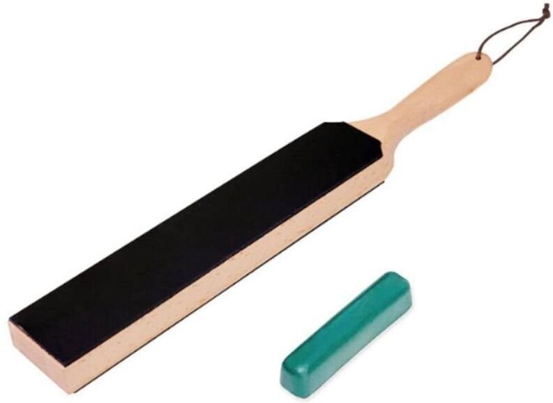 Set aus doppelseitigen Lederschärfbändern mit Schärfpaste und Klingenblock zum Messerschärfen