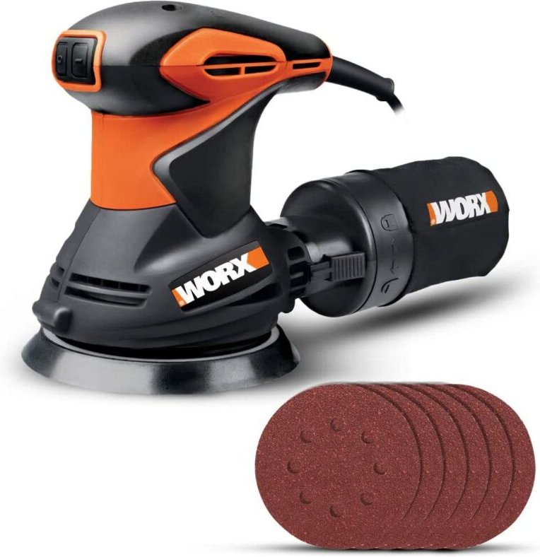 WORX Exzenterschleifer 300W 125mm WX 652.1 Staubabsaugung und Staubsaugerbeutel, Klettverschluss-System, ergonomisches D...
