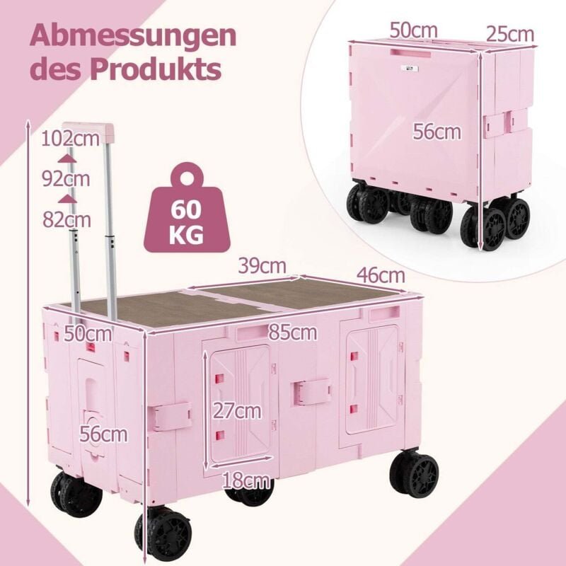 Faltbarer bollerwagen mit tischplatte verstellbarem griff pink