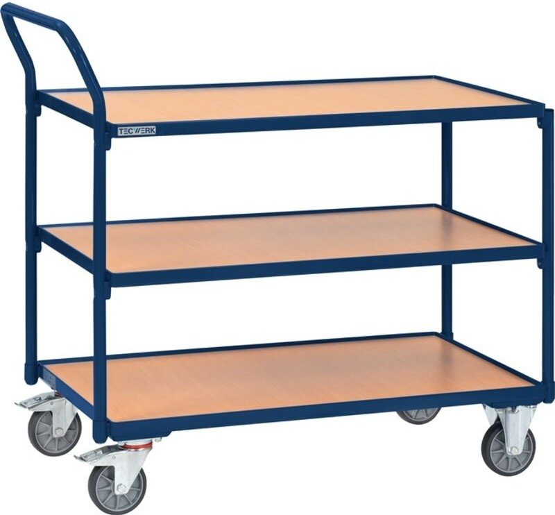 Tischwagen 3 Ladeflächen L1000xB600mm saphirblau, RAL 5003 Trgf.300 kg Schiebebügel senkrecht