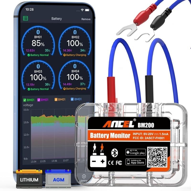 BM200 12V Autobatterietester, Bluetooth-Autobatteriemonitor, automatischer Batterietester mit Starthilfe-Lasttest, Alarm...