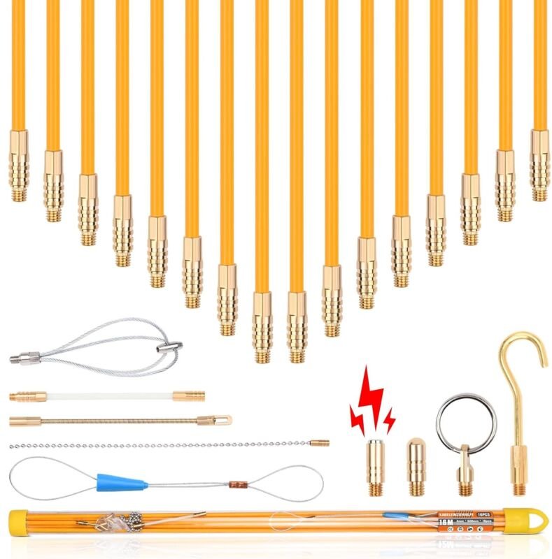 16M Einziehband Kabel Kabeleinziehhilfe, 16 Stangen x 100 cm x 4mm Kabelstangen Einziehband Kabel mit 9 Adaptern für Lee...