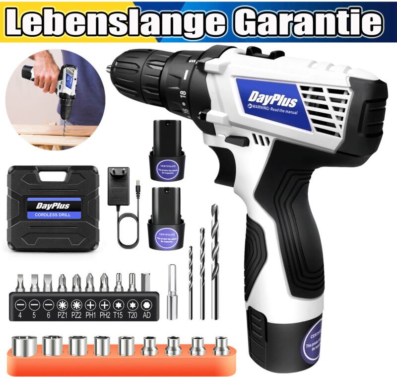 Dayplus - 45Nm Akkuschrauber Set Akku-Bohrschrauber Bohrmaschine Akkubohrer + 2X Akkus