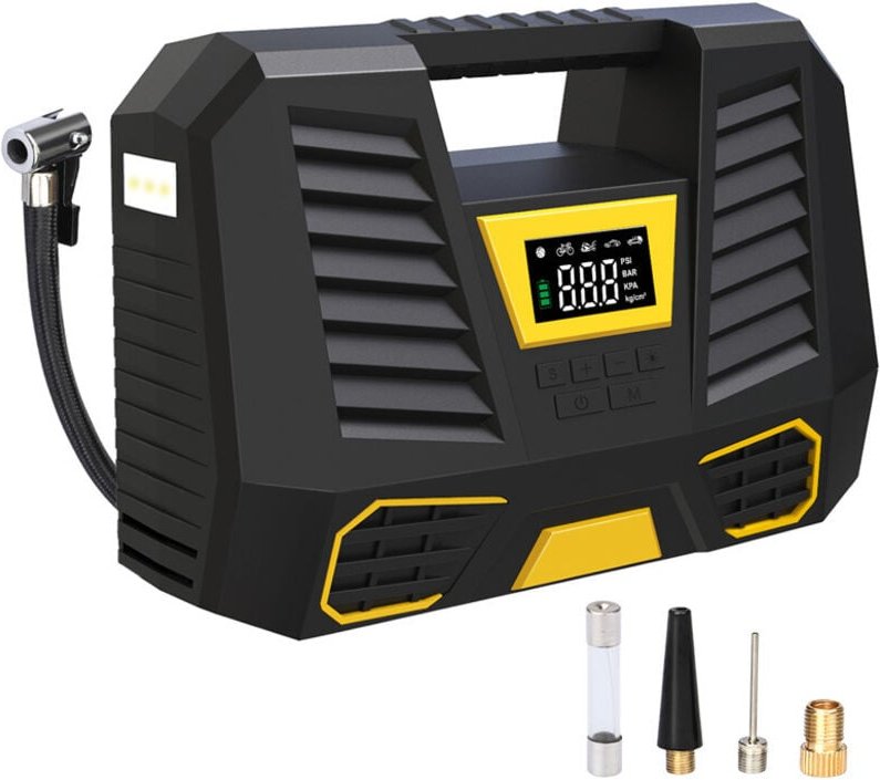 Tragbarer Auto-Luftkompressor, 12-V-Autoreifenfüller, Digitalanzeige, LED-Licht, 1 Zylinder
