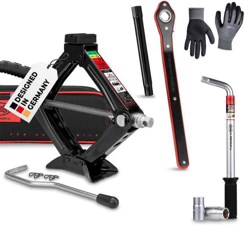 HEYNER® Wagenheber 0,8 t Traglast Scherenwagenheber Set mit Radmutternschlüssel & Montagehandschuhe drehbarer Sattel und...