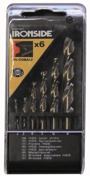 HSS-Bohrer-Satz 6-teilig in Metall-Box, geeignet für Stahl und Edelstahl, 5% Cobalt, Größen: 2 / 3 / 4 / 5 / 6 / 8 mm