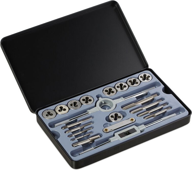 Relaxdays - Gewindeschneider M3 - M12, 9 Schneideisen & Gewindebohrer, Windeisen, Gewindelehre, Schneideisenhalter, silb...