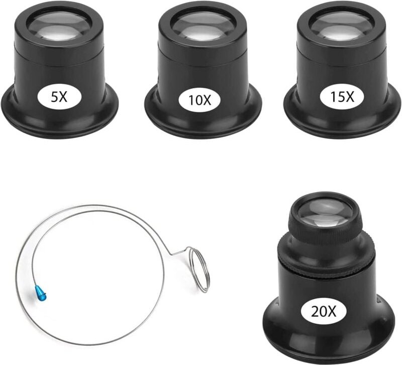Ahlsen 4er-Pack Juwelierlupe Uhrmacherlupe 5X 10X 15X 20X Juwelierlupen mit Drahthalter zum Tragen am Auge Uhrenreparatu...