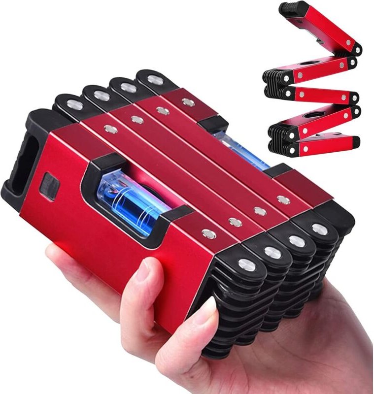 Rote faltbare magnetische Wasserwaage 60 cm, Mini-Elektriker-Magnetwasserwaage, magnetische Wasserwaage mit 4 Blasen 45°...