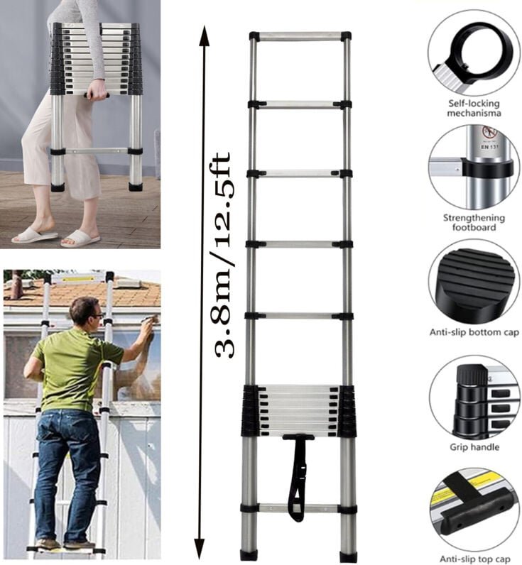 Teleskopleiter 3.8m Ausziehbare Loft Leiter, Klappleiter Stehleiter Rutschfester