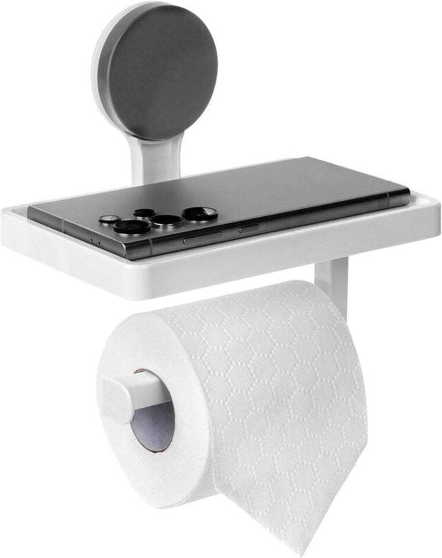 Toilet paper holder with suction cup shelf