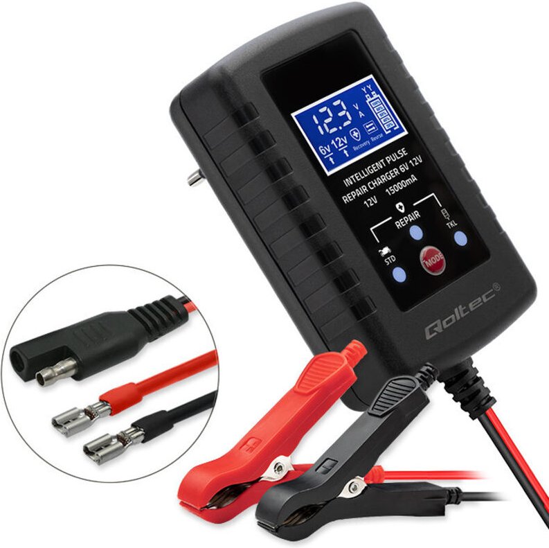 Qoltec Automatisches Batterieladegerät für AGM GEL STD 6V/12V 2A Gleichrichter mit Reparaturfunktion und LED-Anzeige