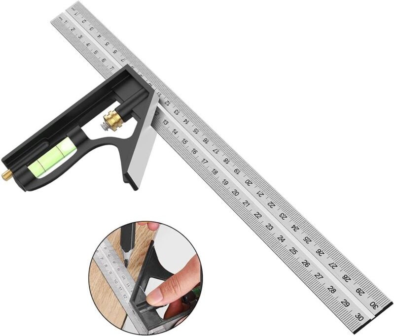 Kombinationswinkel, 300 mm Edelstahlwinkel für Zimmermannswerkzeuge, 45,90-Grad-Lineal mit Wasserwaage.
