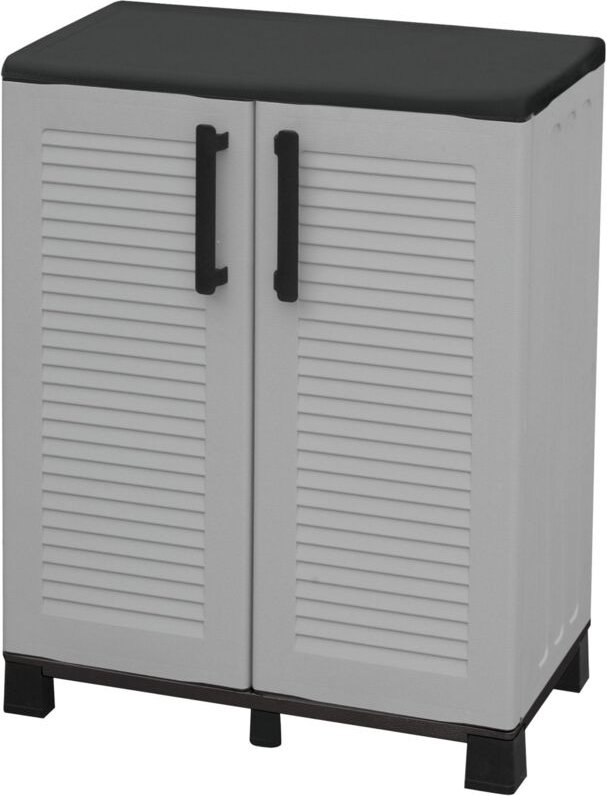 Halbhoher Schrank aus Polypropylen, mit Stahlscharnieren, Fachboden und verstellbaren Füßen.