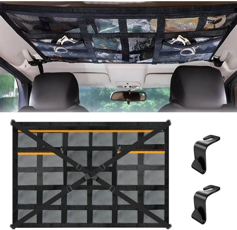 Auto-Aufbewahrungsnetz, 90 x 65 cm, mit 3 Reißverschlusstaschen, für die meisten Fahrzeuge, SUVs, Vans und Jeeps.