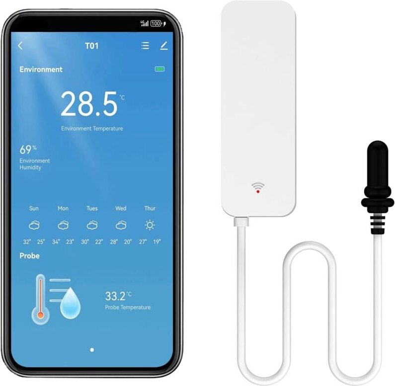 Intelligentes Hygrometer-Thermometer, WiFi-Temperatursensor mit externer Sonde, Wetterfunktionsthermometer, Hygrometer, ...
