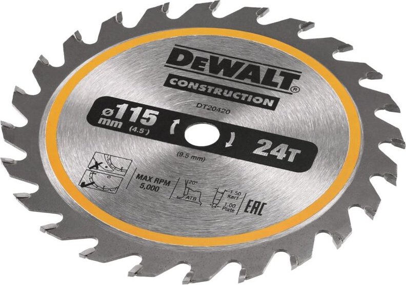 DT20420-QZ Kreissägeblatt 115 x 9,5 mm, 24 Zähne, genageltes Holz - Dewalt
