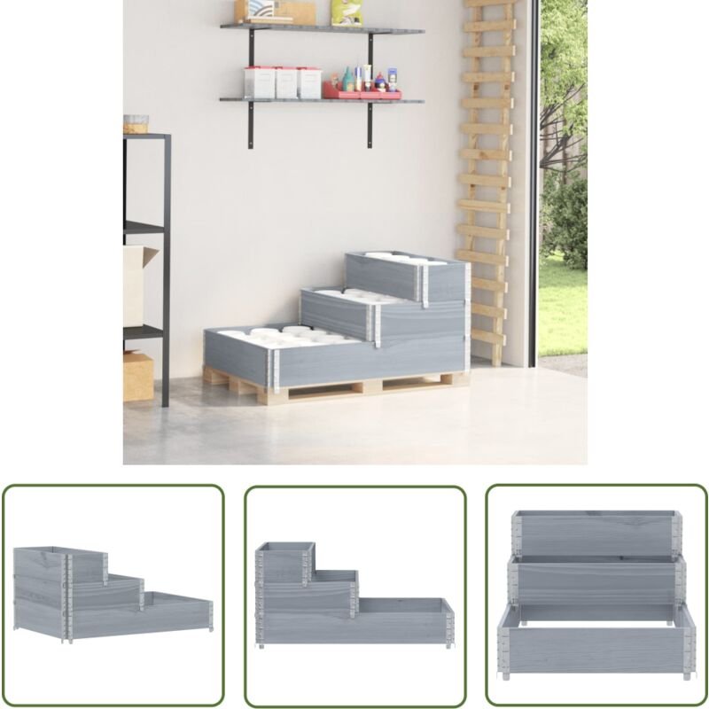 The Living Store - Paletten-Aufsatzrahmen 3-fach Grau 120x80 cm Massivholz Kiefer - Palettenaufständer - Holzkiste - Reg...