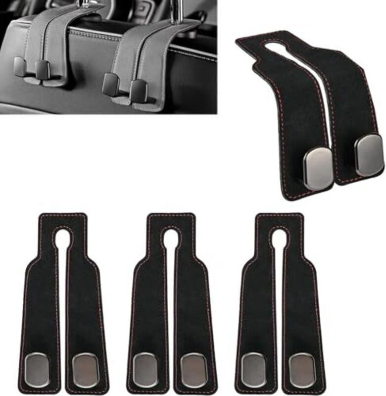4 Stücke Auto Lagerung Haken,Doppelhaken Für Autositzlehne,Auto Kopfstütze Metall Haken,Rücksitz Kopfstütze Haken,Leder ...