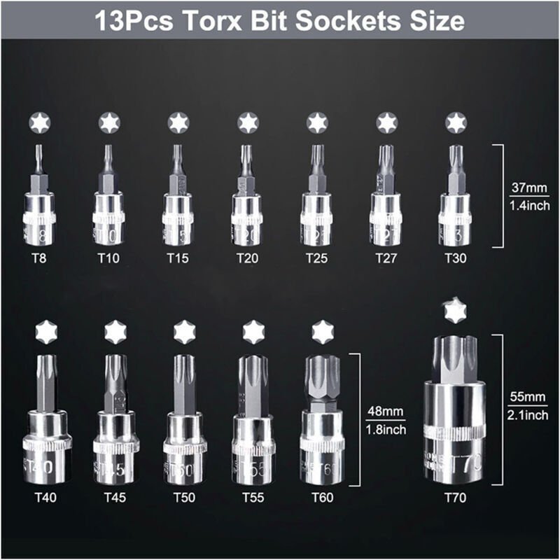 13-teiliger Torx-Steckschlüsselsatz (Außengewinde) 1/2", 1/4", 3/8", T8-T70