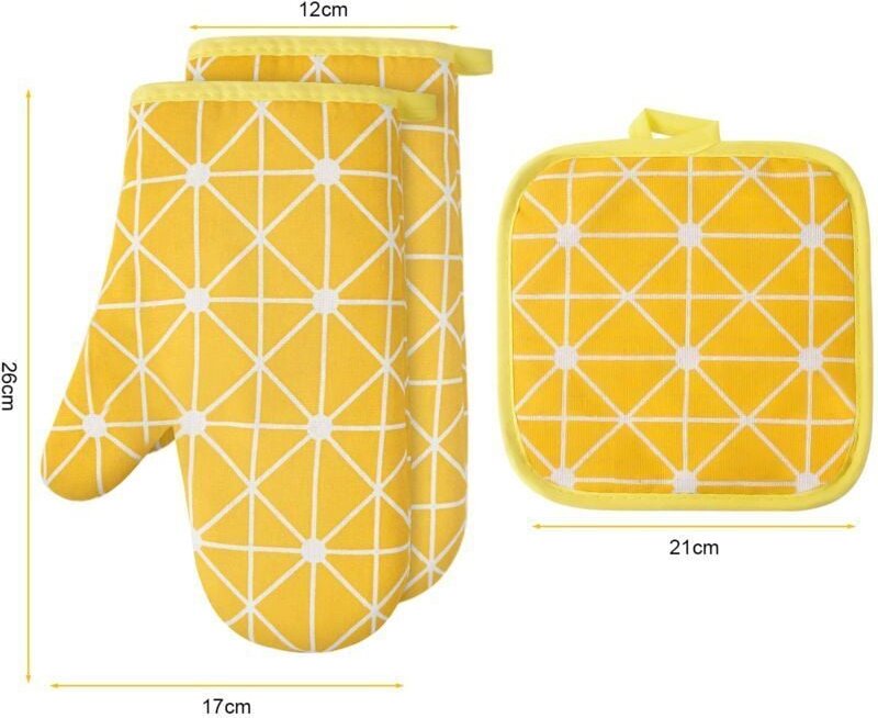 Ofenhandschuhe, 1 Paar Küchenhandschuhe aus Baumwolle mit 2 Topflappen, waschbare Ofenhandschuhe, rutschfeste Küchenhand...