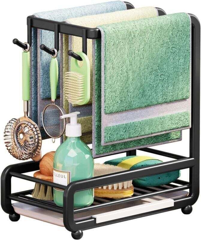 Spülbecken-Schwammhalter XU mit automatischer Abtropfschale, abnehmbarem Handtuchhalter und Aufbewahrungsbox für Spülbür...