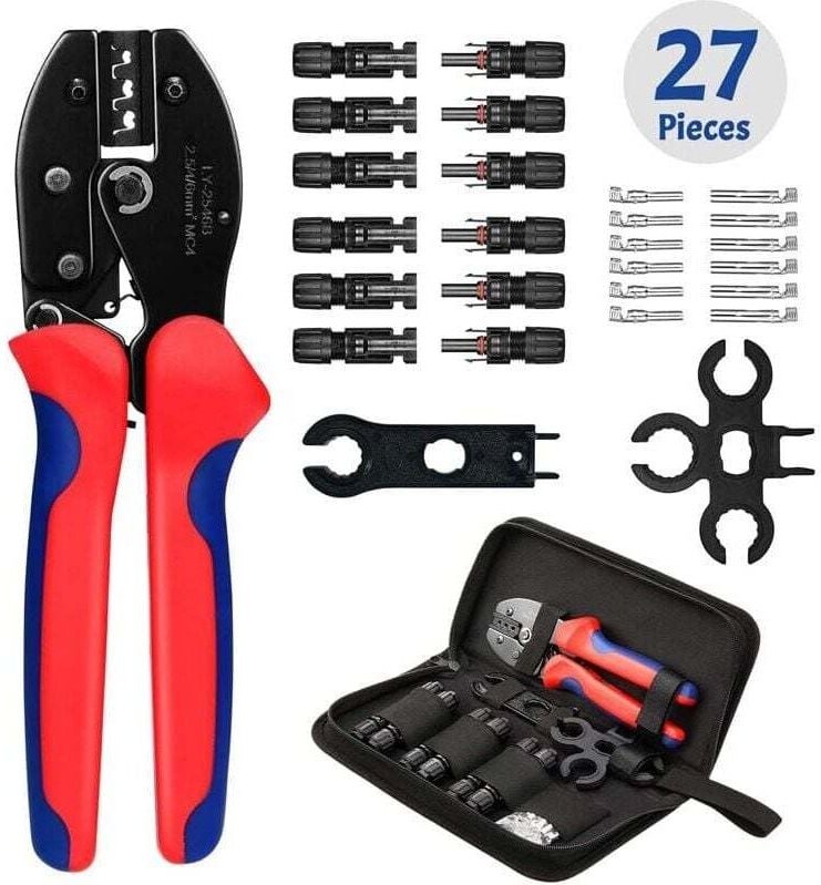 27-teiliges Crimpwerkzeug-Set, Solar-Crimpwerkzeuge, 1 Crimpwerkzeug, 1 Abisolierwerkzeug mit 6 Paar Stecker- und Buchse...
