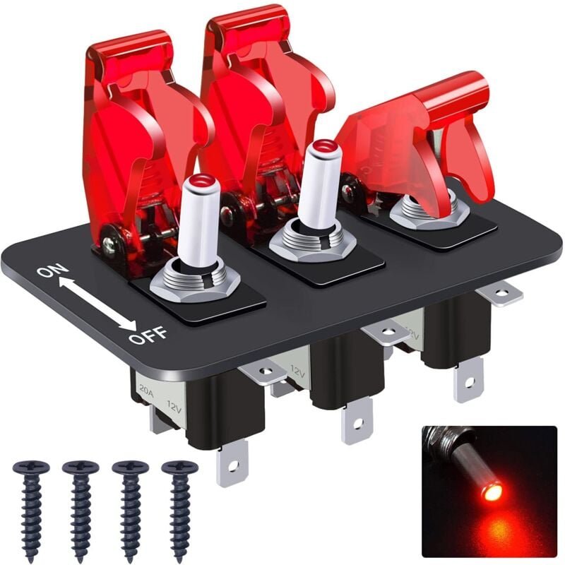 3-fach Wippschalter mit roter LED, 2 Positionen EIN/AUS, SPST 2-Pin-Schalter mit wasserdichter Kappe und Abdeckung, für ...